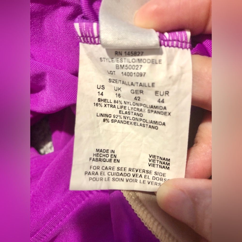 Badgley Mischka Purple Ruched Halter One Piece Swim Suit size 14 - Picture 8 of 8